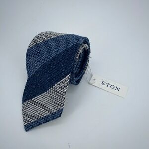 Eton Tie Men One Size Blue White Striped Knit Silk Classic Fit Necktie Italy NWT